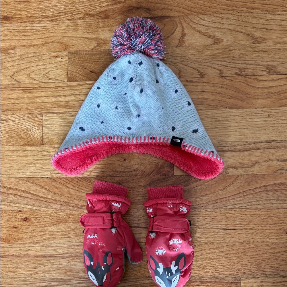 NORTH FACE HAT Kids Winter Hat and Mittens Set - Pink and Gray
